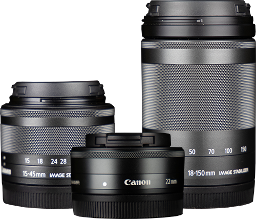 Canon EF-M 15-45mm, Canon EF-M 22mm, Canon EF-M 18-150mm